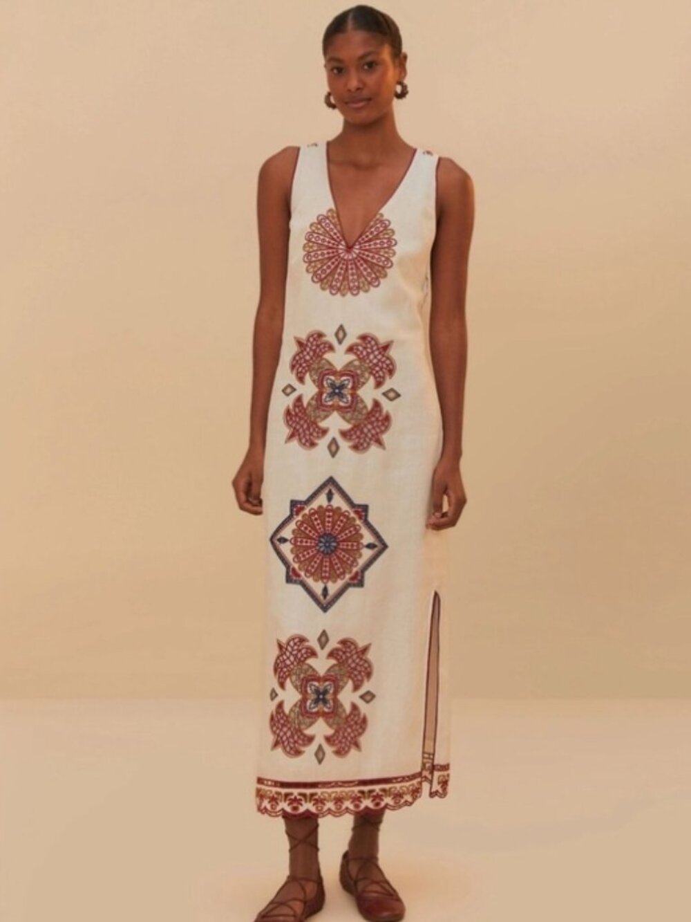 FARM Rio Mary's Tiles Embroidered White Sleeveless Linen Dress - Size Large NWOT